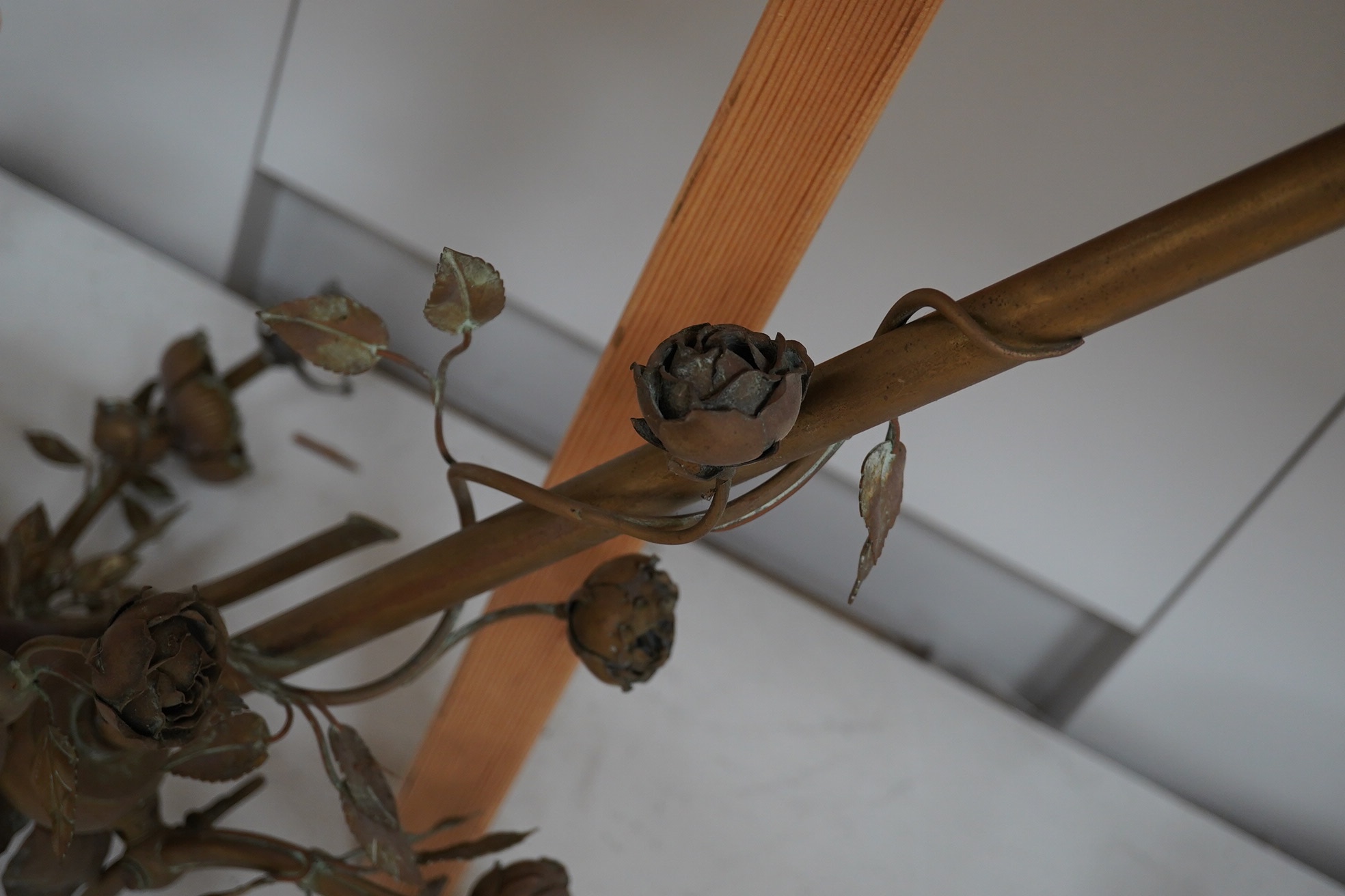 A six light and six branch brass and glass chandelier together with a three branch ornate floral hanging light, longest approximately 66cm. Condition - good